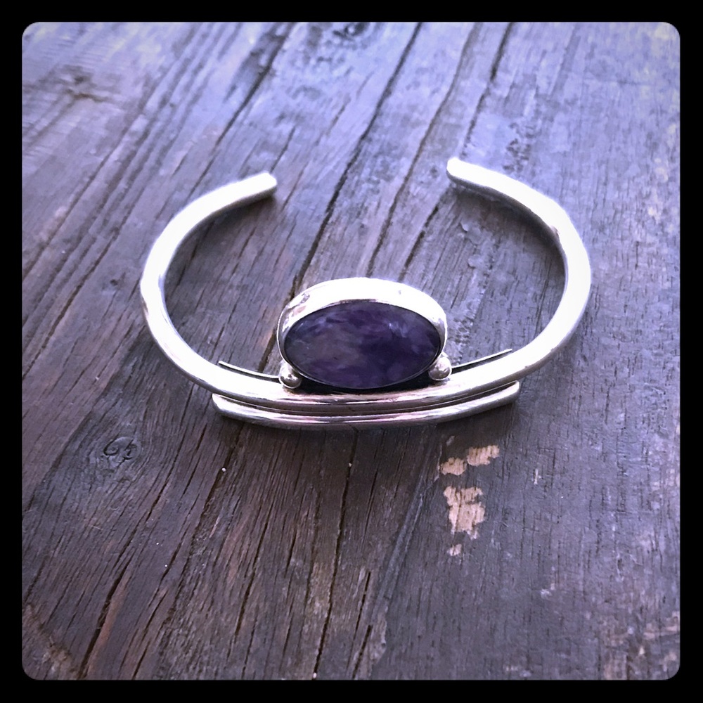 Sterling silver cuff bracelet with charoite stone